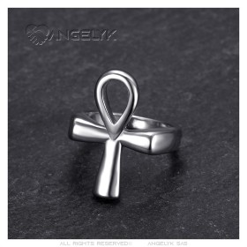 Bague Croix Ankh de vie Egypte Acier inoxydable Argent  IM#27126