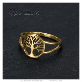 Anillo árbol de la vida modelo pequeño discreto Acero inoxidable Oro IM#27133