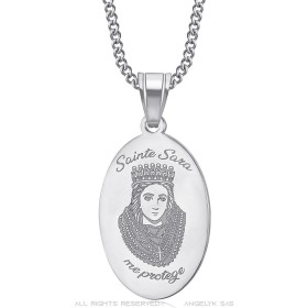 Pendentif médaille Sainte Sara me protège Acier inoxydable Argent  IM#27150