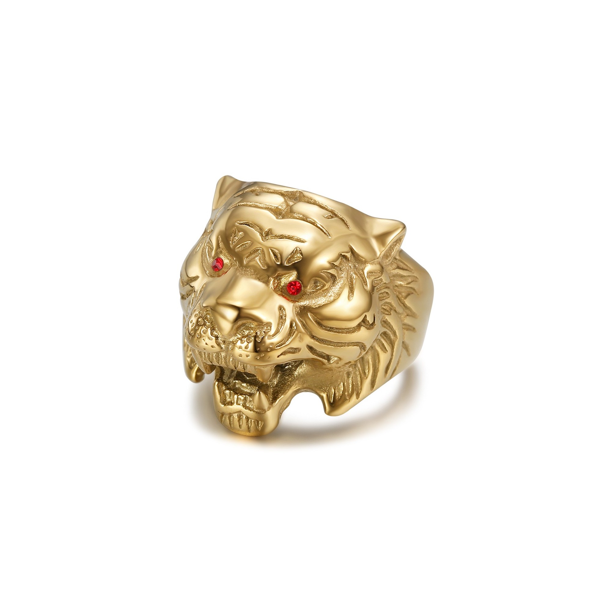 Bague tigre yeux rouges Tête de tigre Acier inoxydable Or