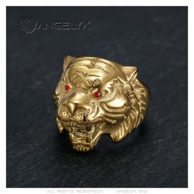 Bague tigre Yeux rouges Acier inoxydable doré à l'or fin  IM#27231