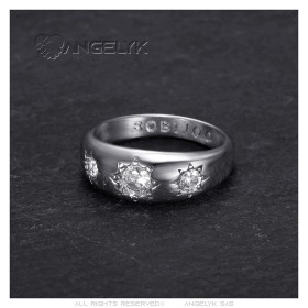 Bague jonc Anglais Gitan 3 faux diamants Acier inoxydable Argent  IM#27238