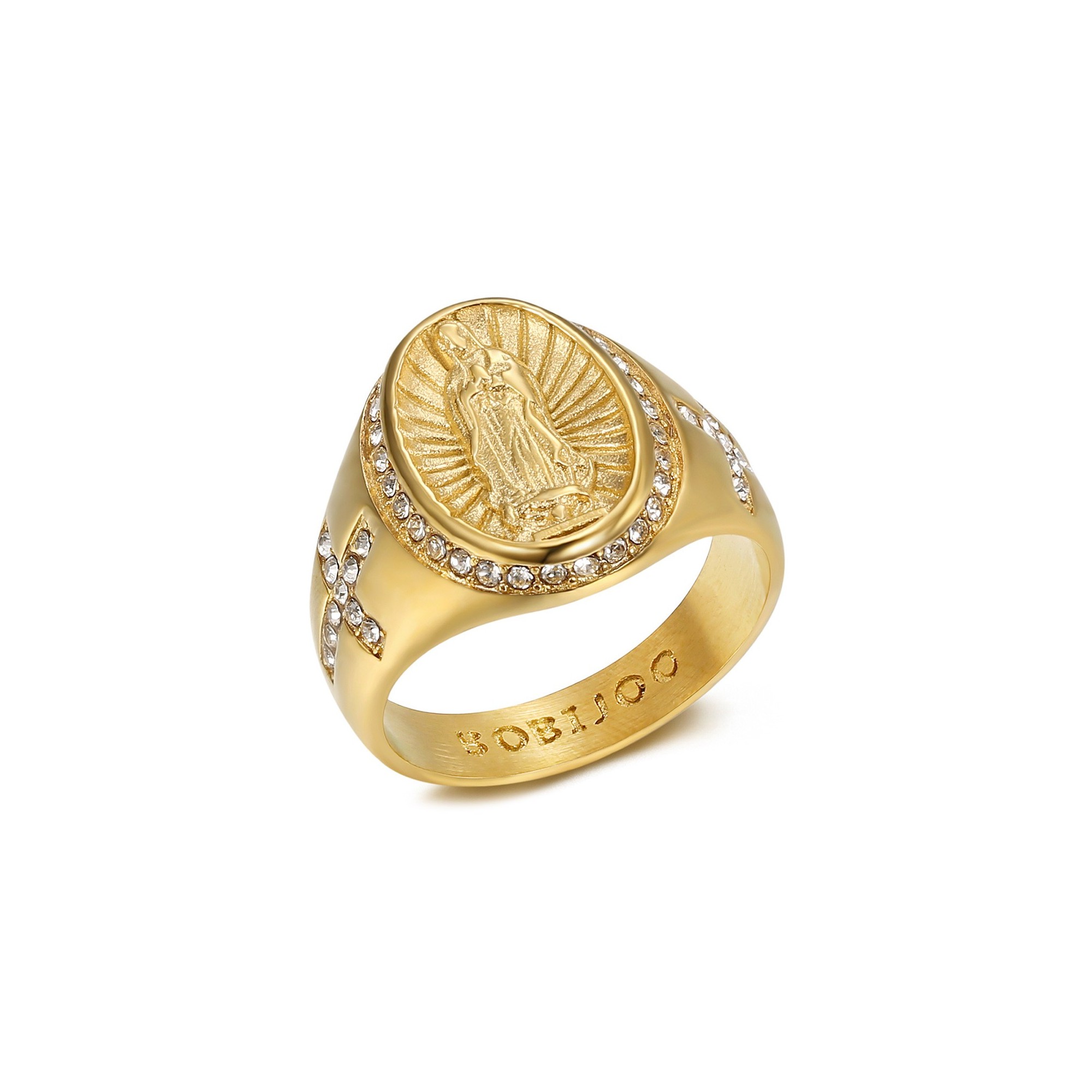 Bague Vierge Marie Sara Croix Acier inoxydable Or Diamants