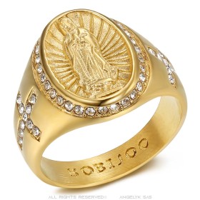 Bague de la vierge Marie Sara et Croix Acier Or Diamants  IM#27244
