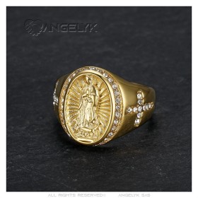 Bague de la vierge Marie Sara et Croix Acier Or Diamants  IM#27245