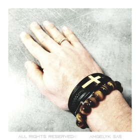 Pulsera cruzada para hombre Piel auténtica negra y acero inoxidable Gold27581