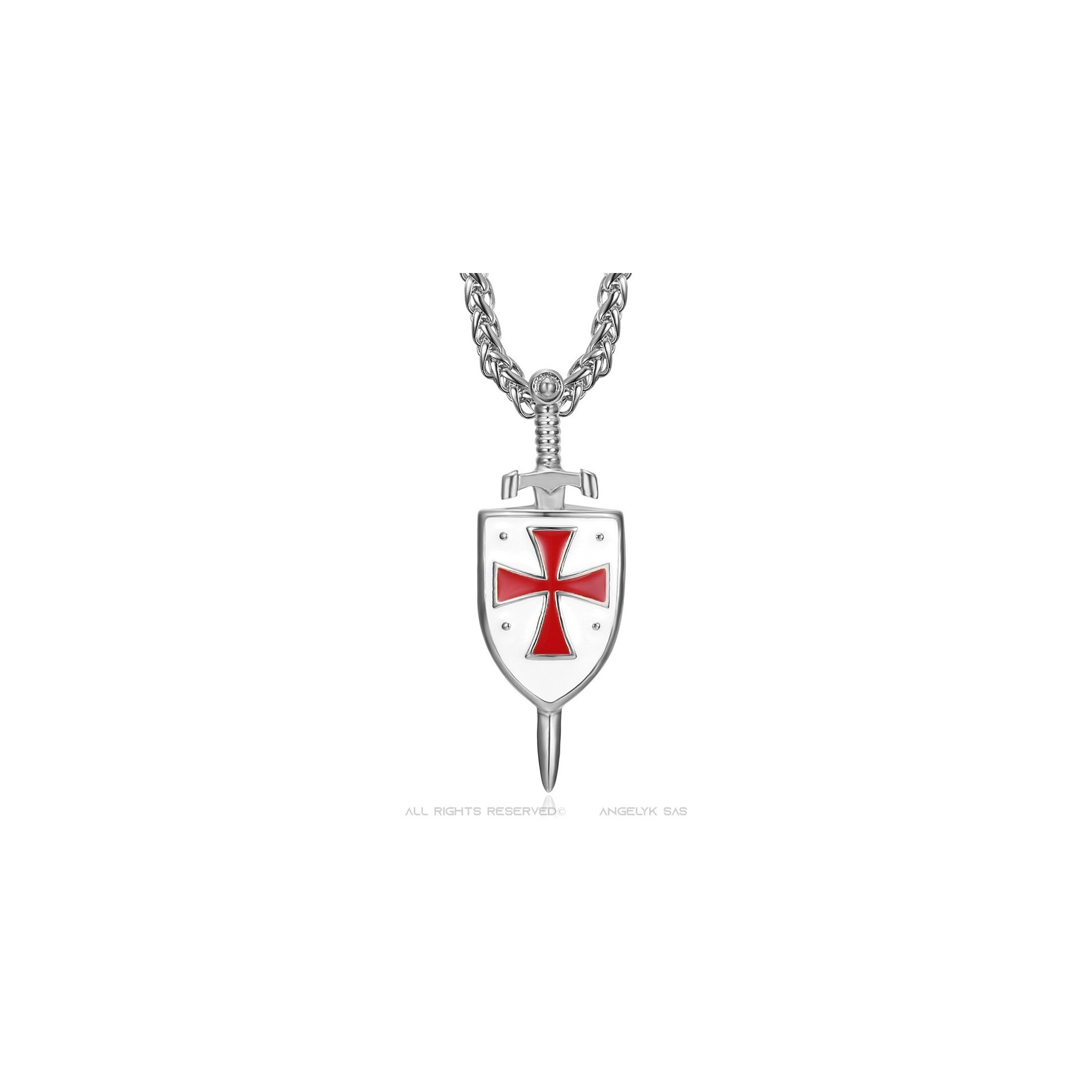 Templar sword and shield pendant Silver-plated stainless steel
