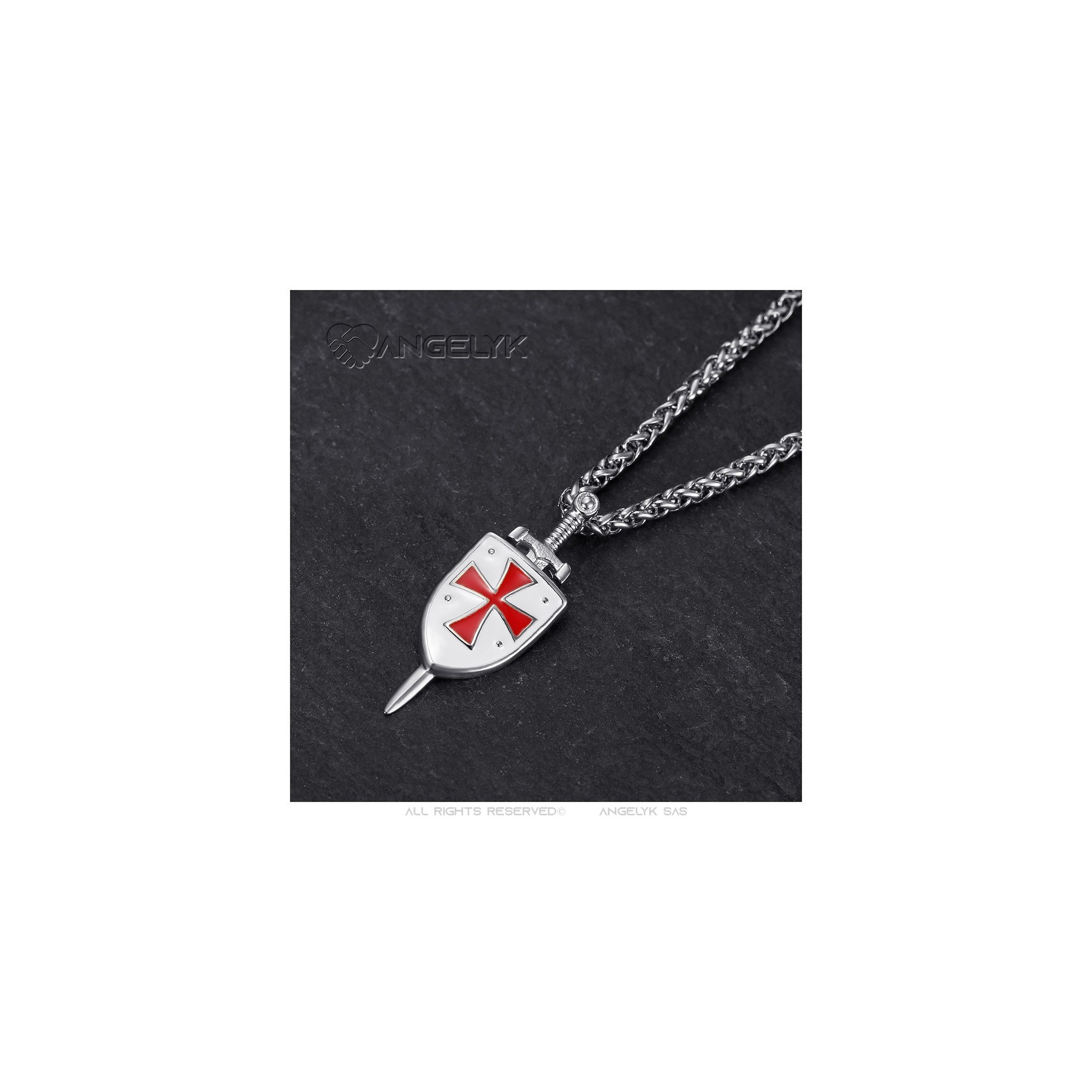 Templar sword and shield pendant Silver-plated stainless steel