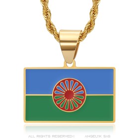 Pendentif gitan drapeau rom acier inoxydable or29489