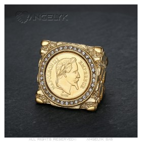Grosse bague Napoléon III 20 Francs Acier Or Zirconiums 29 mm29567