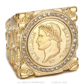 Großer Ring Napoleon I. 20 Francs Stahl Gold Zirkonia 29 mm29587
