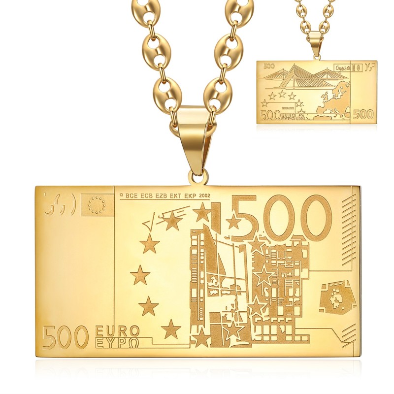 500 euro bankbiljet hanger roestvrij staal goud koffie ketting 60cm29619