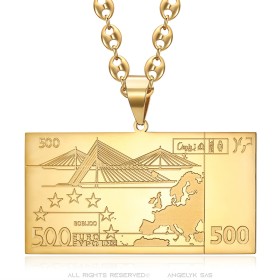 Anhänger Banknote 500 Euro Edelstahl Gold Kette Kaffee 60cm29621