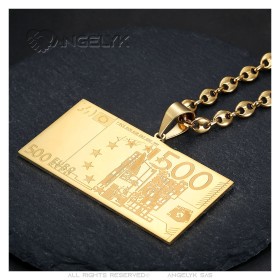 Anhänger Banknote 500 Euro Edelstahl Gold Kette Kaffee 60cm29622
