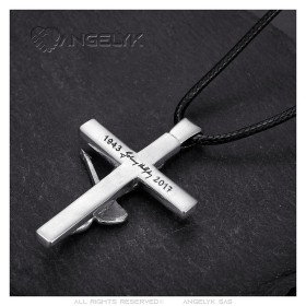 rock necklace silver guitar cross on black leather cord 60 cm