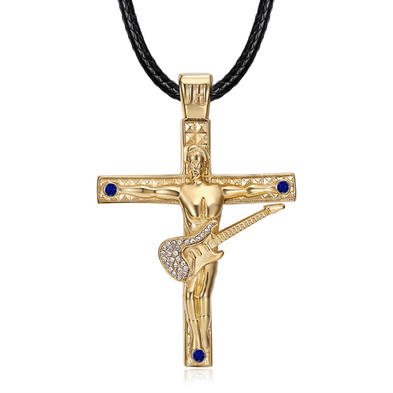 Johnny Hallyday guitar cross pendant gold stainless steel