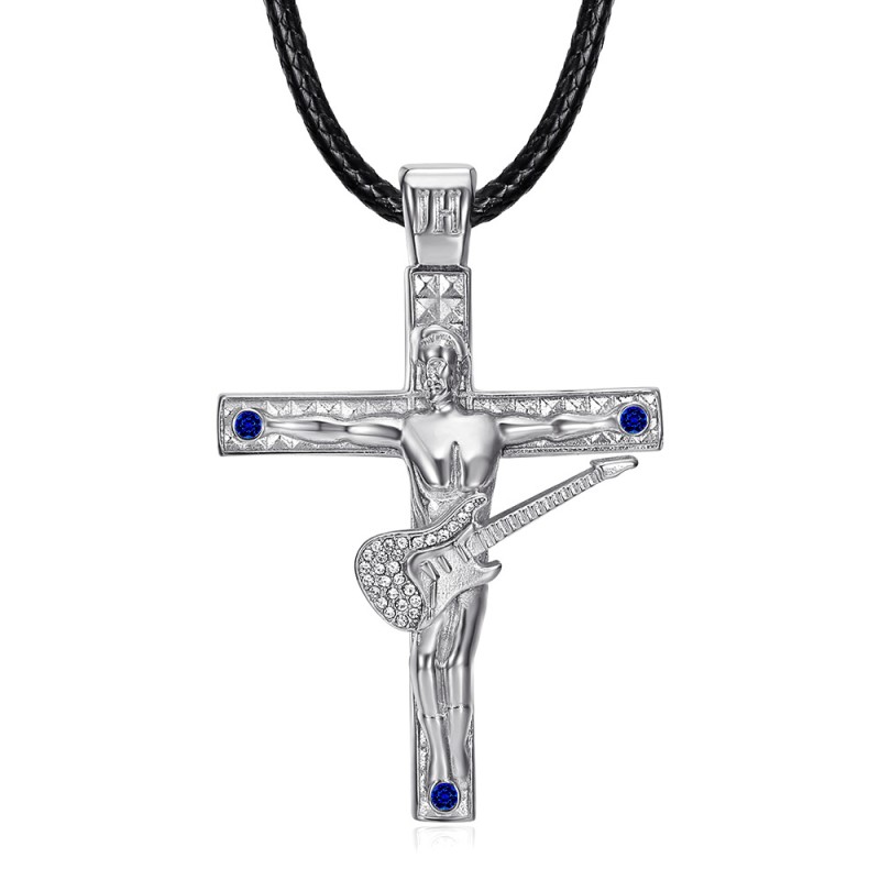 pendant silver cross guitar style Johnny Hallyday stainless steel