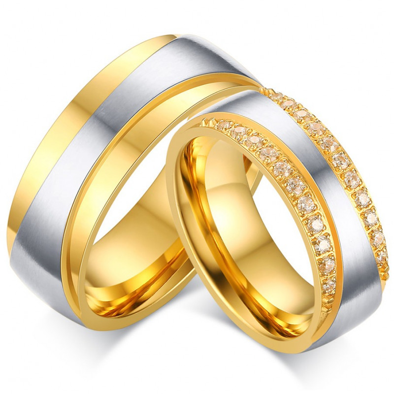 Alliance Couple Doré à l'Or Fin Zirconium Strass bobijoo