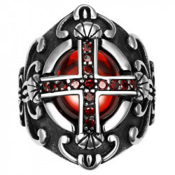 BA0042 BOBIJOO Jewelry Anello Croce Templare Realista Di Pietra Rossa, Gotico
