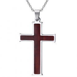 PE0022 BOBIJOO Jewelry Halskette Anhänger Kreuz mit Intarsien aus Holz-Edelstahl