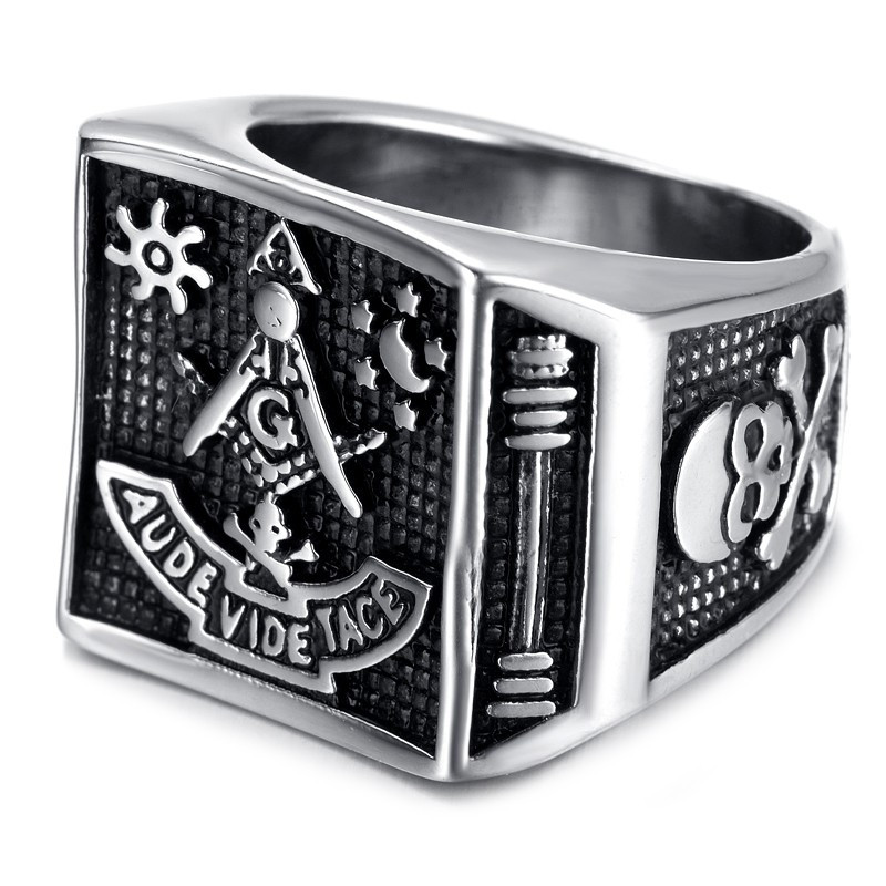 BA0059 BOBIJOO Jewelry Ring Signet ring Aude Vide Tace, skull Masonic Frank Mason