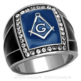 Bague Chevalière Masonic Franc Maçon Email Bleu Noir Acier Inoxydable bobijoo