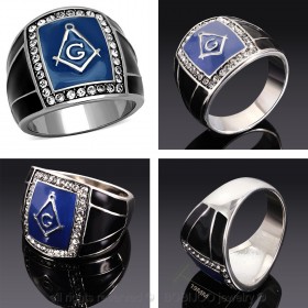 Bague Chevalière Masonic Franc Maçon Email Bleu Noir Acier Inoxydable bobijoo