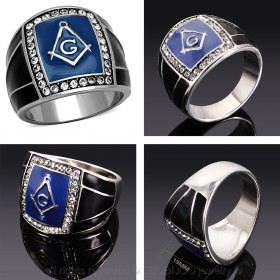 BA0062 BOBIJOO Jewelry Ring Siegelring Masonic Freimaurer Email Blau Schwarz Edelstahl