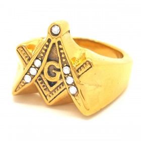 BA0065 BOBIJOO Jewelry Ring Siegelring Masonic Freimaurer Edelstahl Vergoldet Strass