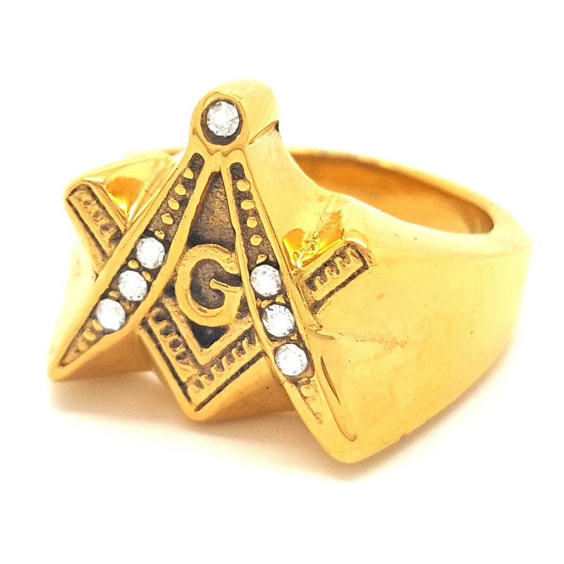 Bague Chevalière Masonic Franc Maçon Acier Inoxydable Doré Strass bobijoo