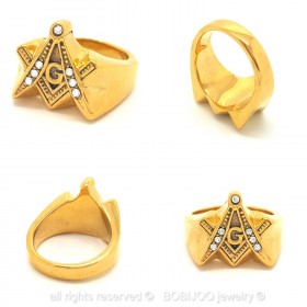 Bague Chevalière Masonic Franc Maçon Acier Inoxydable Doré Strass bobijoo