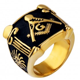 BA0067 BOBIJOO Jewelry Ring Signet Masonic Frank Mason Gold and Black Stainless Steel