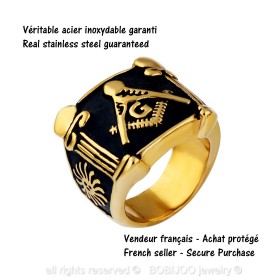 Bague Chevalière Masonic Franc Maçon Or et Noir Acier Inoxydable bobijoo