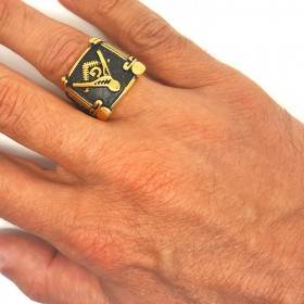 Bague Chevalière Masonic Franc Maçon Or et Noir Acier Inoxydable bobijoo