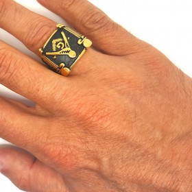BA0067 BOBIJOO Jewelry Ring Siegelring Masonic Freimaurer Gold-und Schwarz-Edelstahl