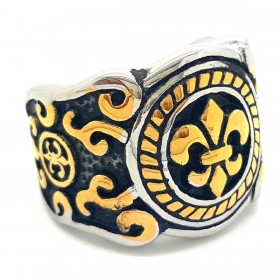 BA0066 BOBIJOO Jewelry Ring Siegelring Fleur de Lys Gold, Schwarz und Edelstahl