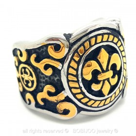 BA0066 BOBIJOO Jewelry Ring Siegelring Fleur de Lys Gold, Schwarz und Edelstahl