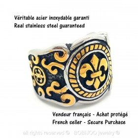 BA0066 BOBIJOO Jewelry Ring Siegelring Fleur de Lys Gold, Schwarz und Edelstahl