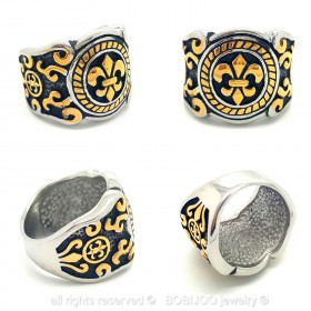 BA0066 BOBIJOO Jewelry Anello anello Fleur-de-Lis Oro e Acciaio Inox Nero