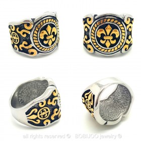 BA0066 BOBIJOO Jewelry Ring Signet ring Fleur-de-Lis Gold and Black Stainless Steel