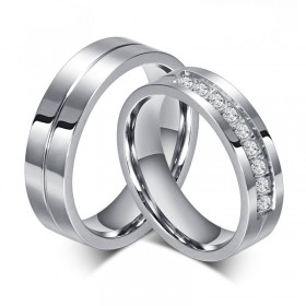 Alliance Bague Anneau Acier Inoxydable Strass Couple bobijoo