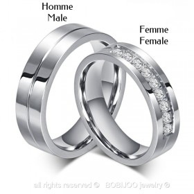 Alliance Bague Anneau Acier Inoxydable Strass Couple bobijoo