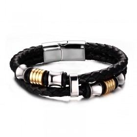 BR0104 BOBIJOO Jewelry Pulsera Real de Cuero Negro de Acero Inoxidable encantos