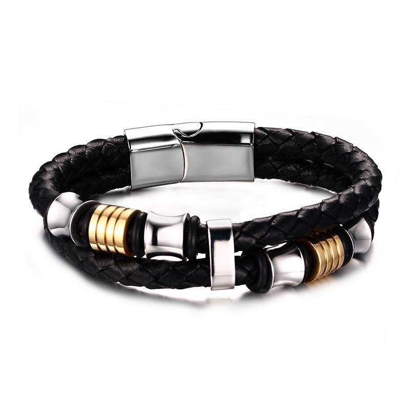 Bracelet Vrai Cuir Noir Acier Inoxydable breloques bobijoo