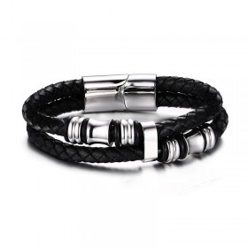 Bracelet Vrai Cuir Noir Acier Inoxydable charms bobijoo