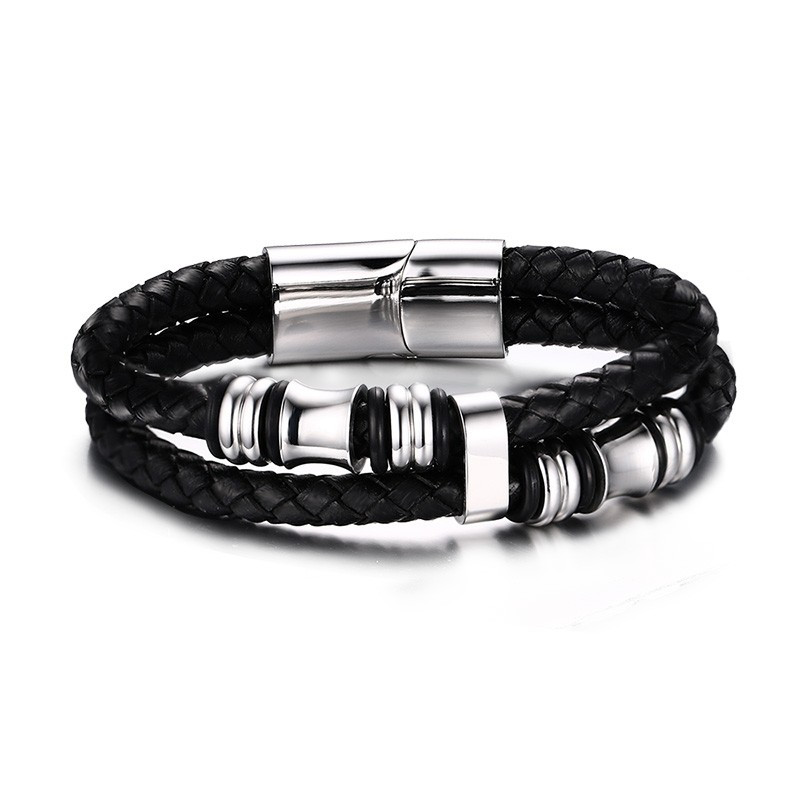 Bracelet Vrai Cuir Noir Acier Inoxydable charms bobijoo