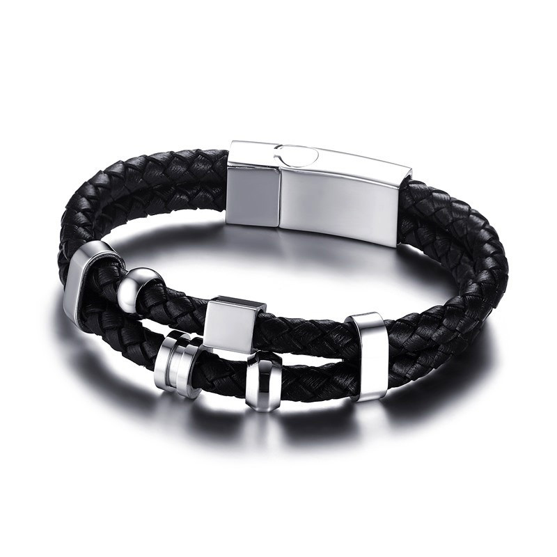 BR0108 BOBIJOO Jewelry Armband Echtes Leder Schwarz Edelstahl