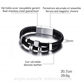 Bracelet Vrai Cuir Noir Acier Inoxydable bobijoo