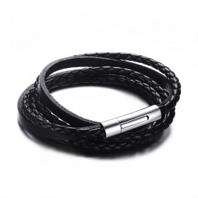 BR0110 BOBIJOO Jewelry Pulsera Real De Cuero Negro Entrelazado De Acero Inoxidable