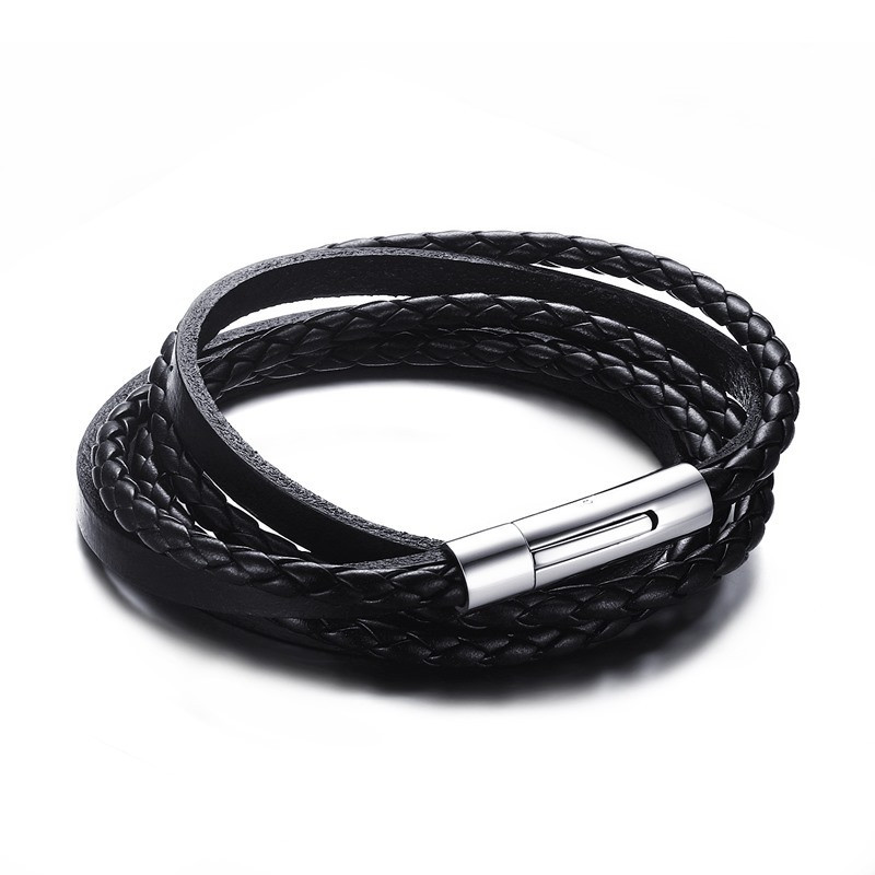 BR0110 BOBIJOO Jewelry Bracelet Real Black Leather Interlaced Stainless Steel